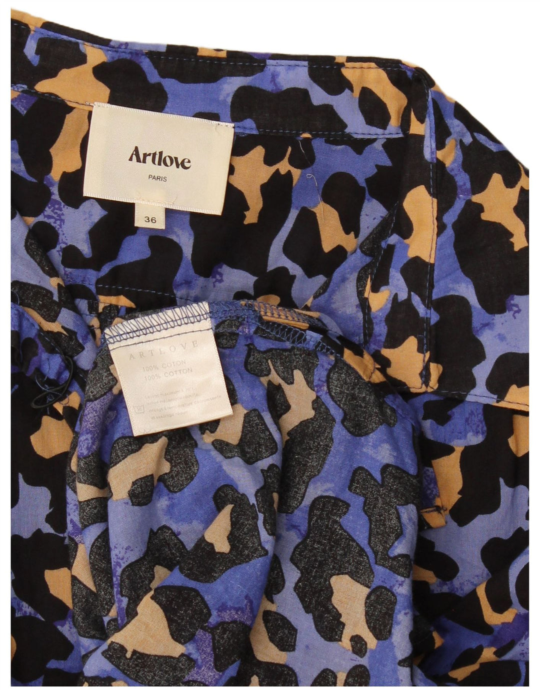 Vintage Damen Übergroße Bluse Top EU 36 Kleine blaue Baumwolle mit Animal-Print