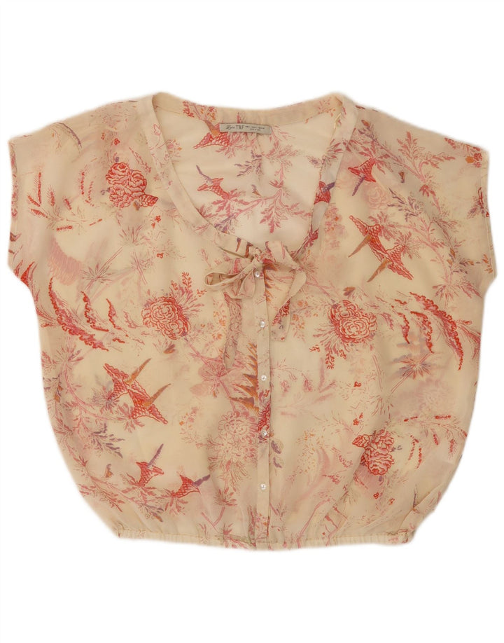 Kurzärmliges Blusenoberteil für Damen von Zara, Größe 46, Beige, Blumenmuster, Polyester