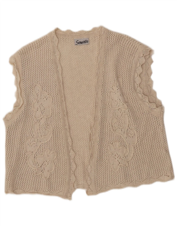 VINTAGE Damen Crop Ärmelloser Häkel-Cardigan-Pullover UK 14 Large Beige