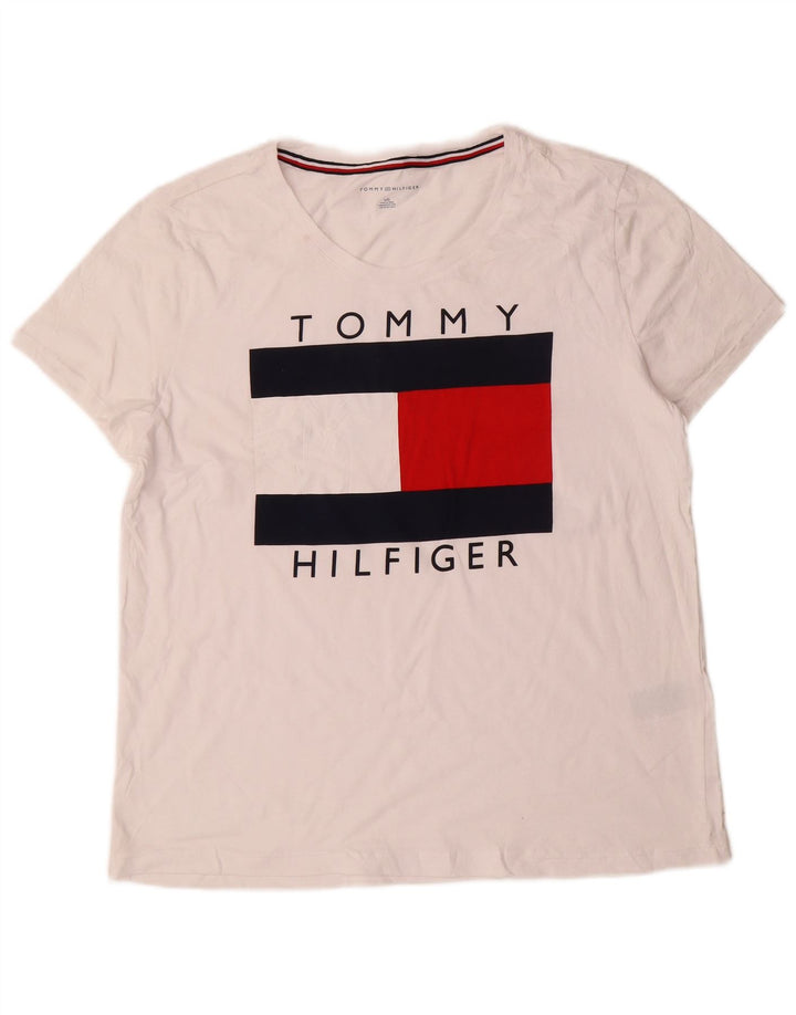 TOMMY HILFIGER Damen Grafik T-Shirt Top UK 16 Large Weiße Baumwolle