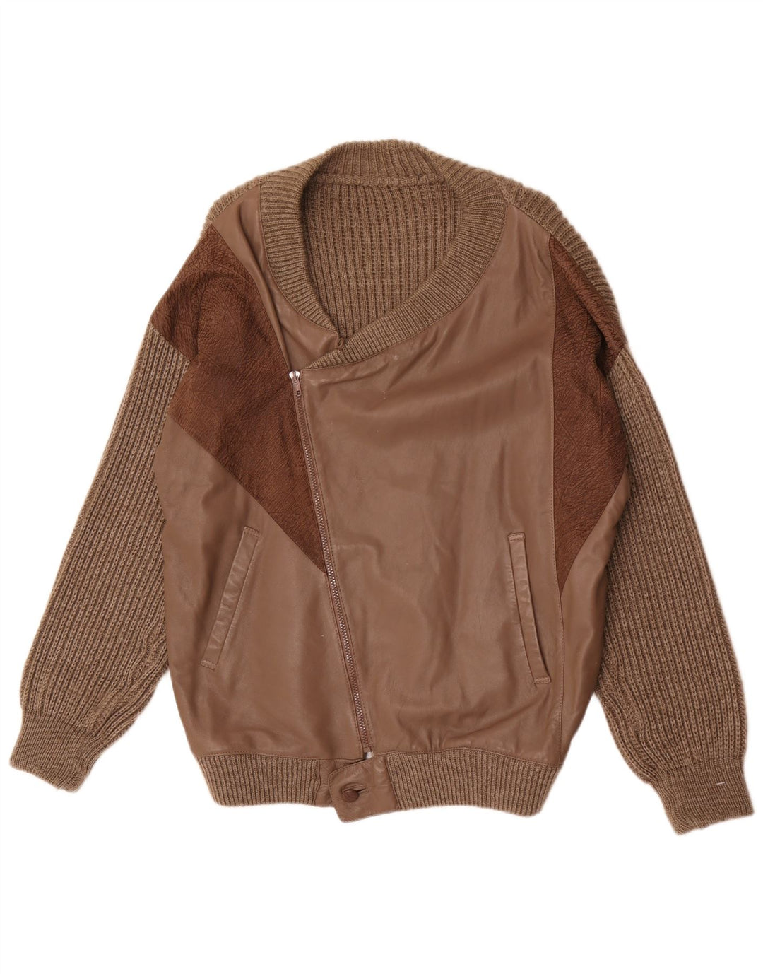 Vintage Herren Leder Cardigan Pullover Große braune Wolle