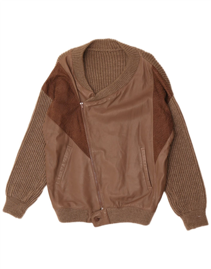 Vintage Herren Leder Cardigan Pullover Große braune Wolle