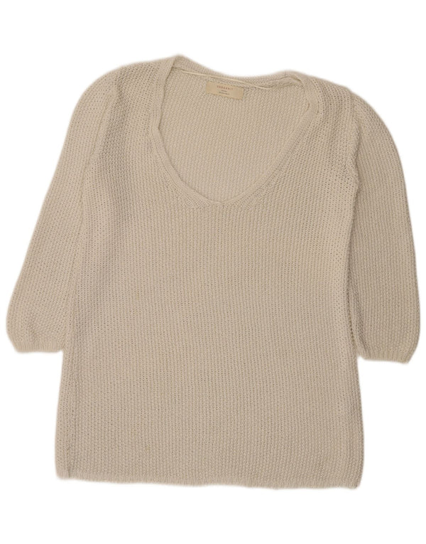 Zara Damen-Pullover mit 3/4-Ärmeln, gehäkelt, V-Ausschnitt, Gr. 40, Größe L, gebrochenes Weiß