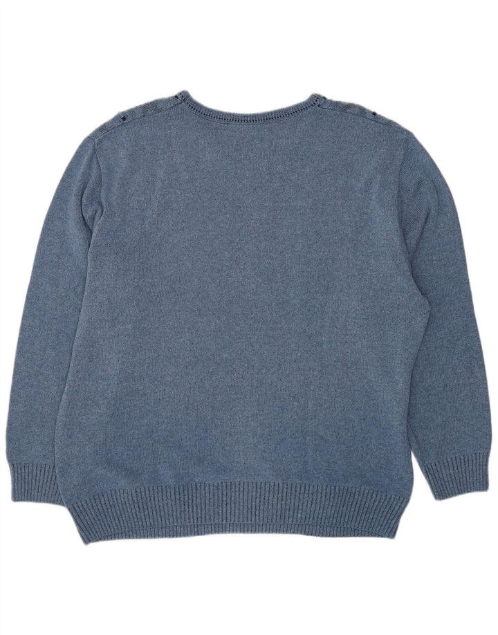 VINTAGE Herren V-Ausschnitt Pullover Pullover UK 44 XL Blaue geometrische Baumwolle