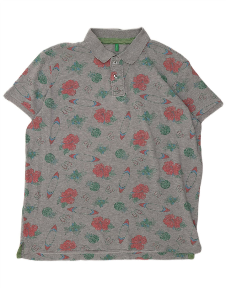 Benetton Herren-Poloshirt mit normaler Passform, XL, grau geblümt