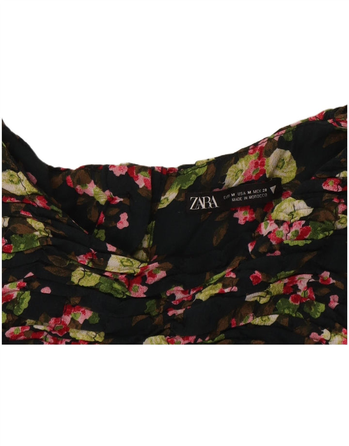 Zara Damen Crop Bluse Top UK 12 Mittelschwarz geblümt