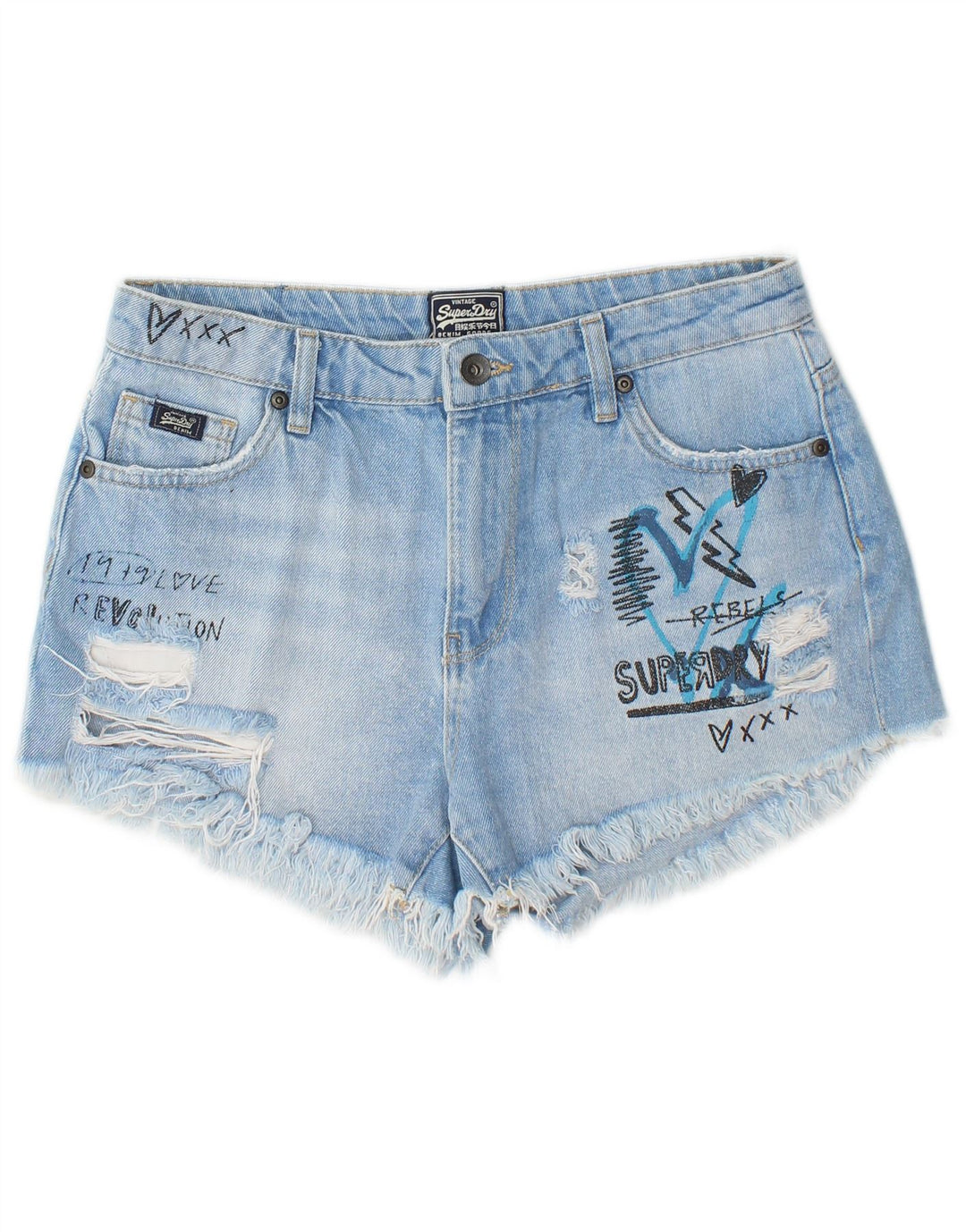 SUPERDRY Damen-Jeansshorts mit Distressed-Grafik, W27, Größe S, Blau, Baumwolle