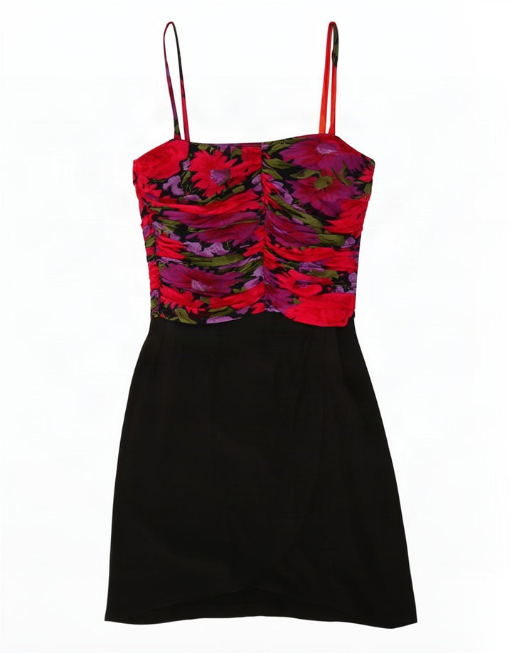 Vintage Damen Figurbetontes Kleid IT 44 Medium Schwarz Floral Acetat