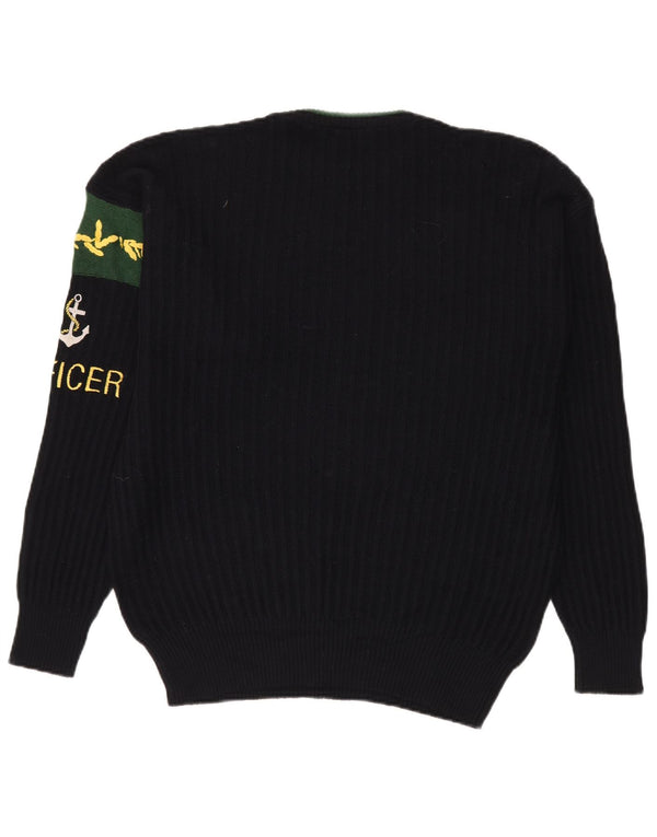 VINTAGE Herren-Pullover mit grafischem Rundhalsausschnitt, XL, marineblaue Wolle