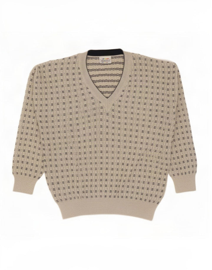 Monello Herren-Pullover mit V-Ausschnitt, IT 52, große beige gestreifte Baumwolle