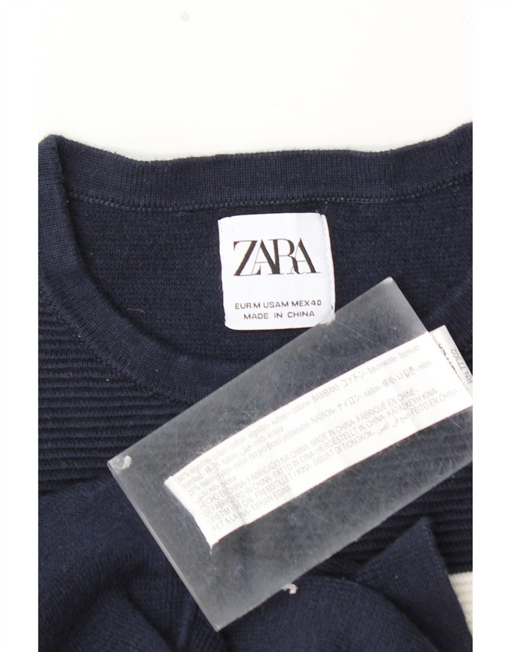 ZARA Herren-Pullover mit Rundhalsausschnitt, mittlerer marineblauer Farbblock-Baumwolle