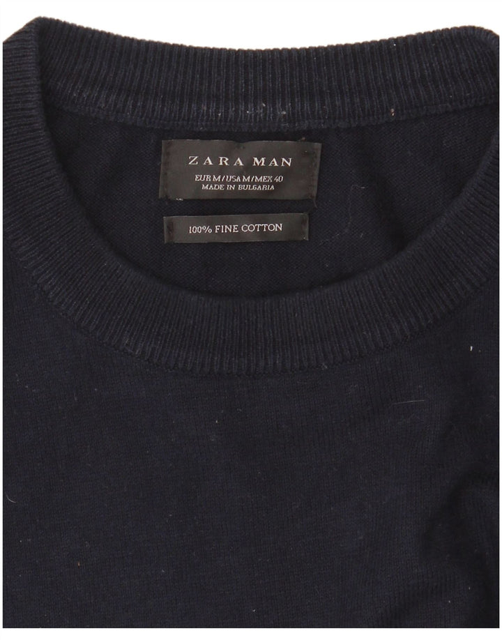 Zara Herren-Pullover mit Rundhalsausschnitt, mittlere marineblaue gestreifte Baumwolle