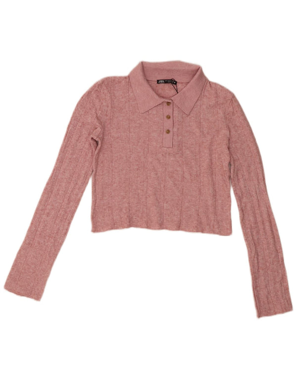 Zara Damen Langarm-Crop-Poloshirt UK 10 Small Rosa Viskose