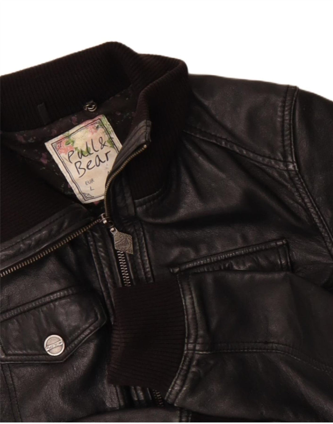 Pull & Bear Damen Lederjacke UK 14 Großes schwarzes Leder