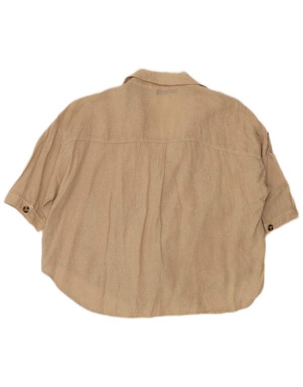 Zara Damen Kurzarm-Oversize-Hemdbluse UK 10 Small Beige Baumwolle