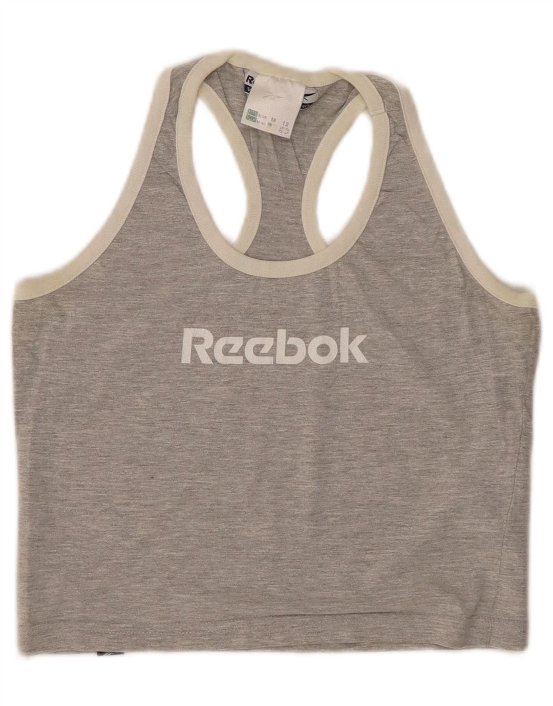 REEBOK Womens Crop Graphic Vest Top UK 12 Mittelgrau gefleckte Baumwolle