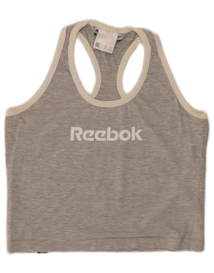 REEBOK Womens Crop Graphic Vest Top UK 12 Mittelgrau gefleckte Baumwolle