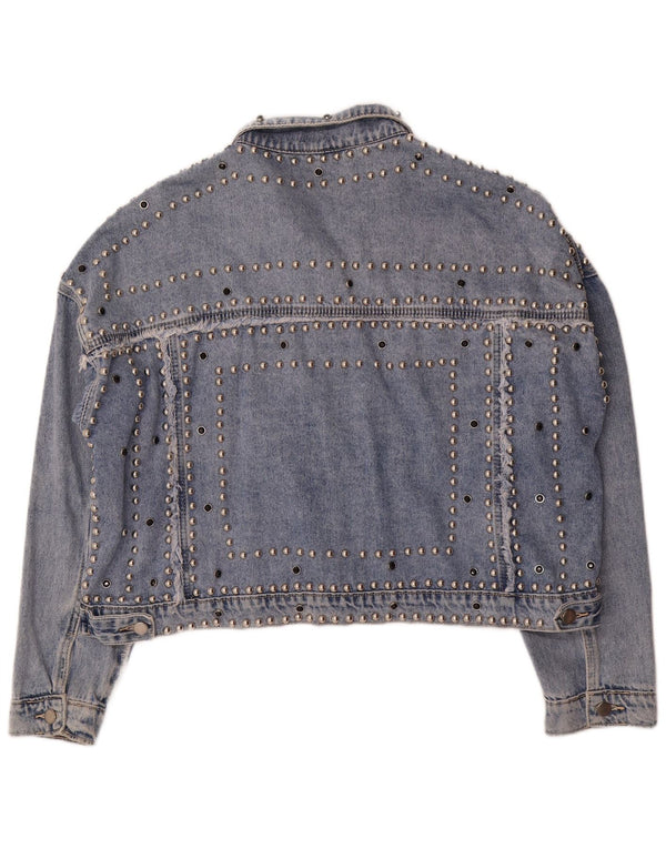 Vintage Damen-Jeansjacke mit entspannter Passform, UK 12, große blau gefleckte Baumwolle