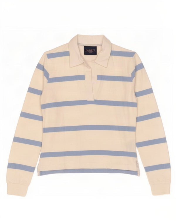 Hackett Damen-Langarm-Poloshirt UK 12 Mittelweiß gestreift aus Baumwolle