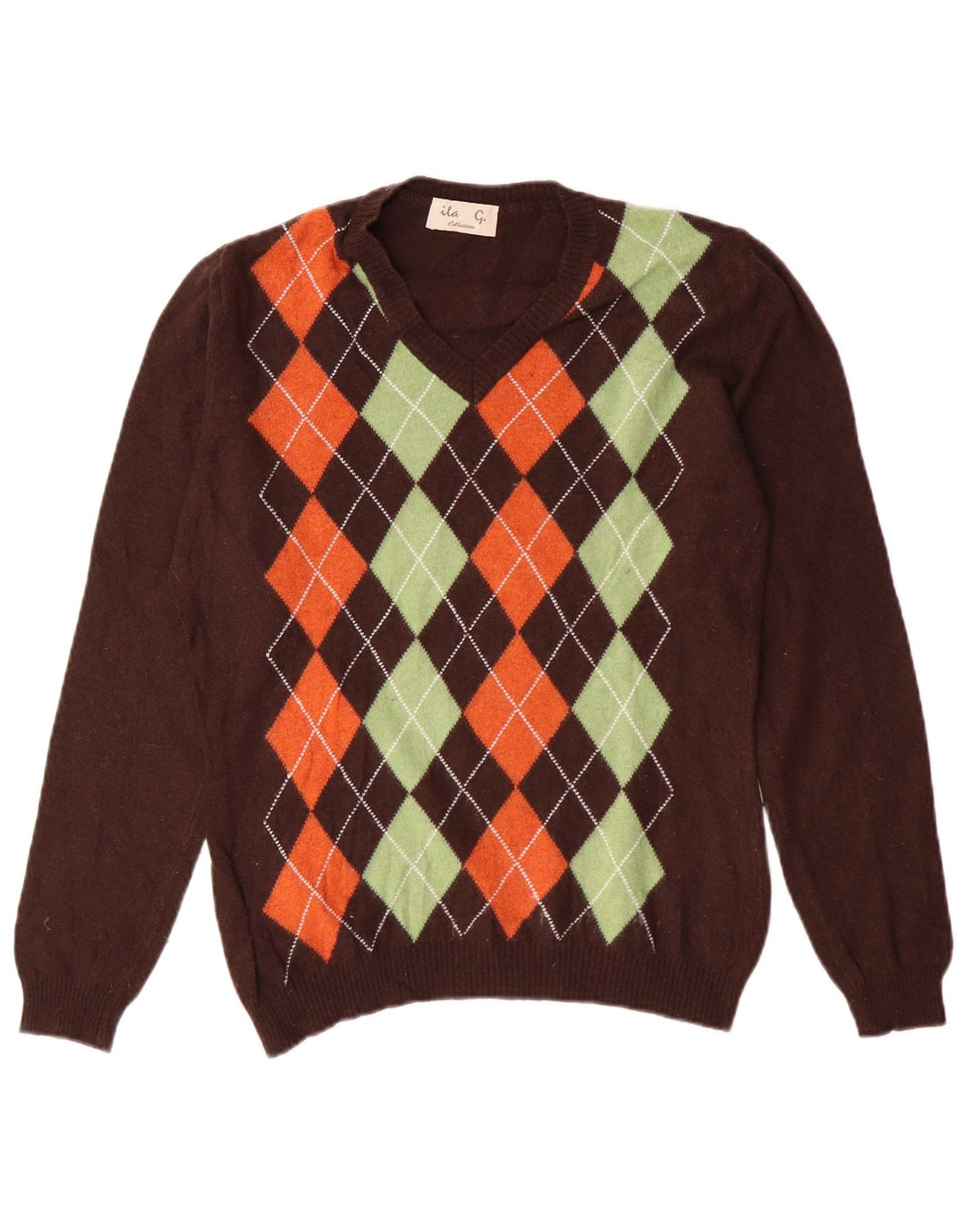 VINTAGE Damen Pullover mit V-Ausschnitt UK 12 Mittelbraun Argyle/Diamant