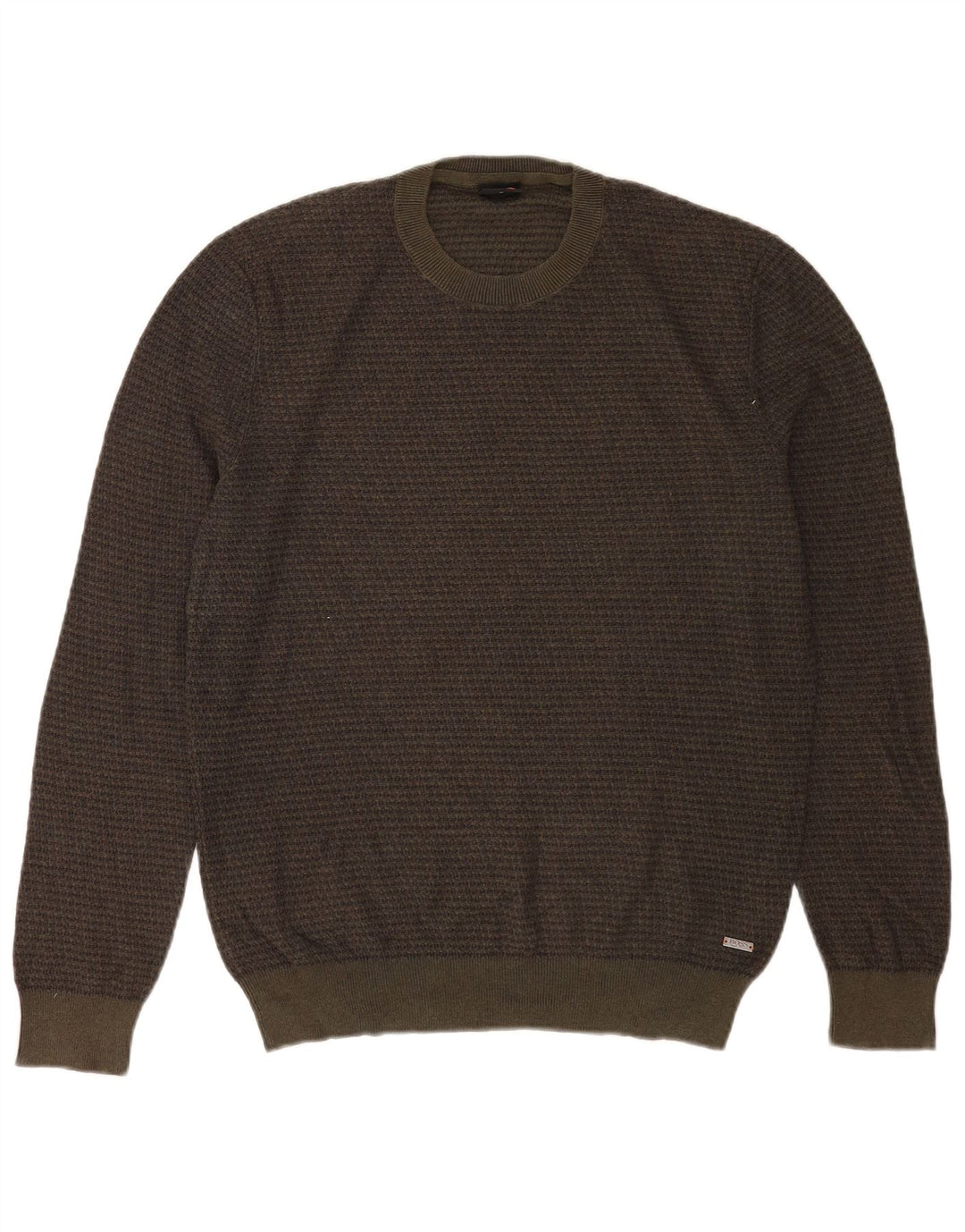 Hugo Boss Herren-Pullover mit Rundhalsausschnitt, mittelgroße Khaki-Karo-Baumwolle