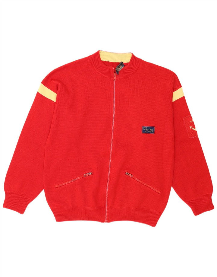 Vintage Herren-Cardigan mit durchgehendem Reißverschluss, Mittelrot, Farbblock-Acryl