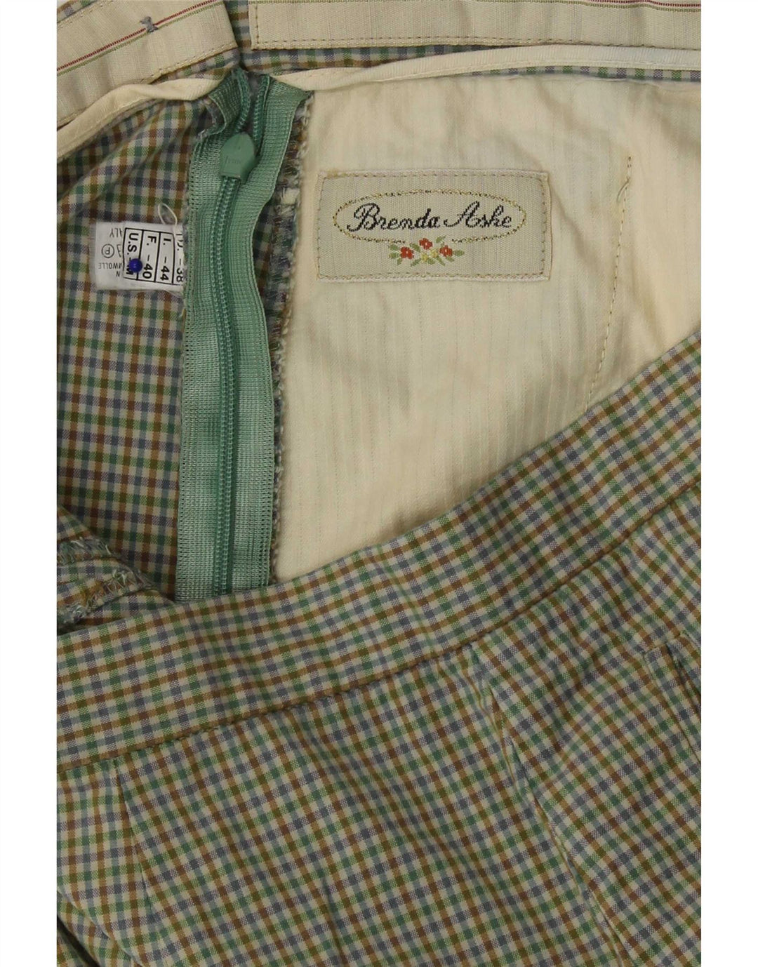 Vintage-Hose für Damen, Größe 40, Größe S, W26, L24, grüner Gingham-Karomuster