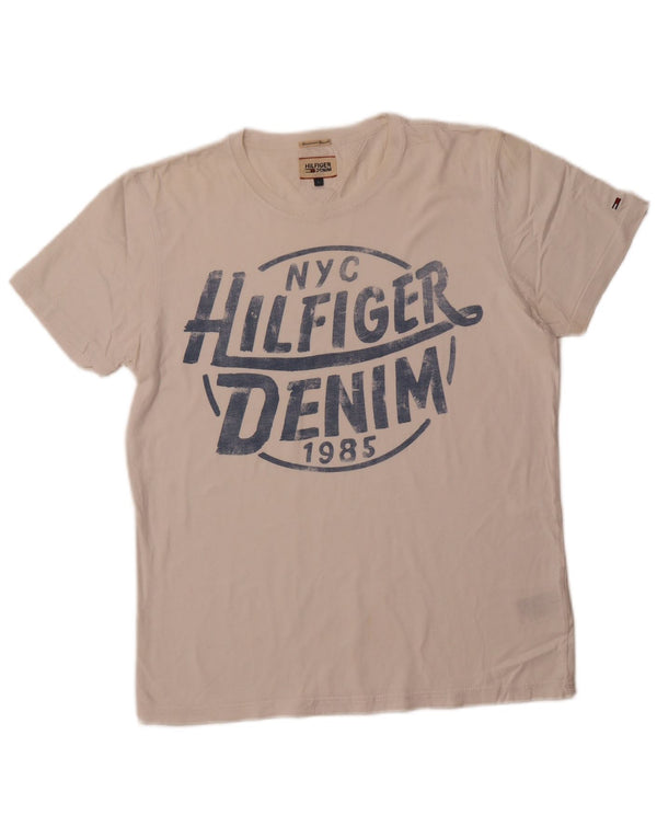 TOMMY HILFIGER Damen Grafik T-Shirt Top UK 16 Large Weiße Baumwolle
