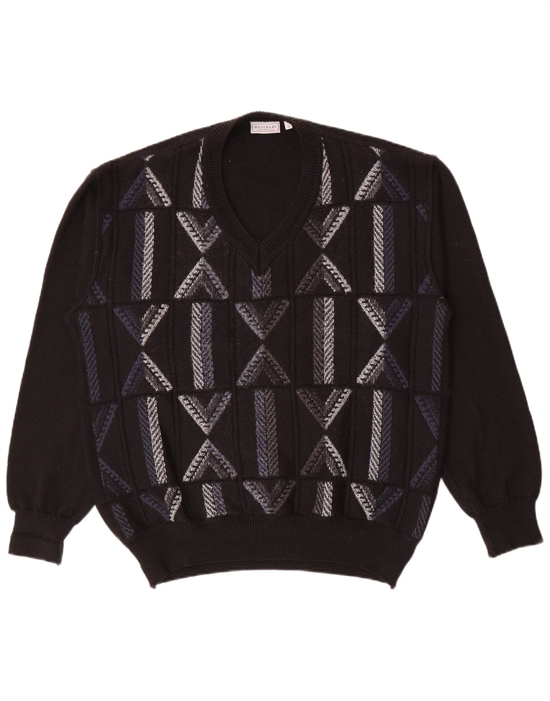 WESTBURY Herren-Pullover mit V-Ausschnitt XL, schwarze, geometrische Wolle