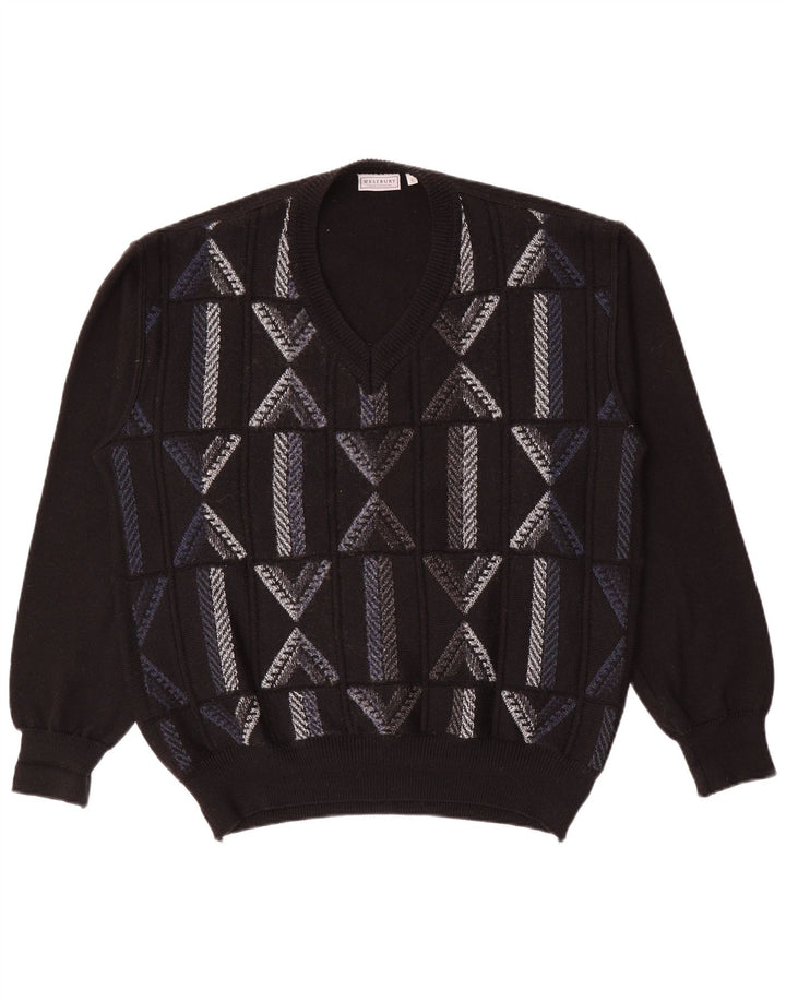 WESTBURY Herren-Pullover mit V-Ausschnitt XL, schwarze, geometrische Wolle
