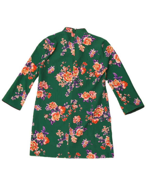 Zara Damen Qi-Pao-Kleid mit langen Ärmeln, UK 14, Mittelgrün mit Blumenmuster