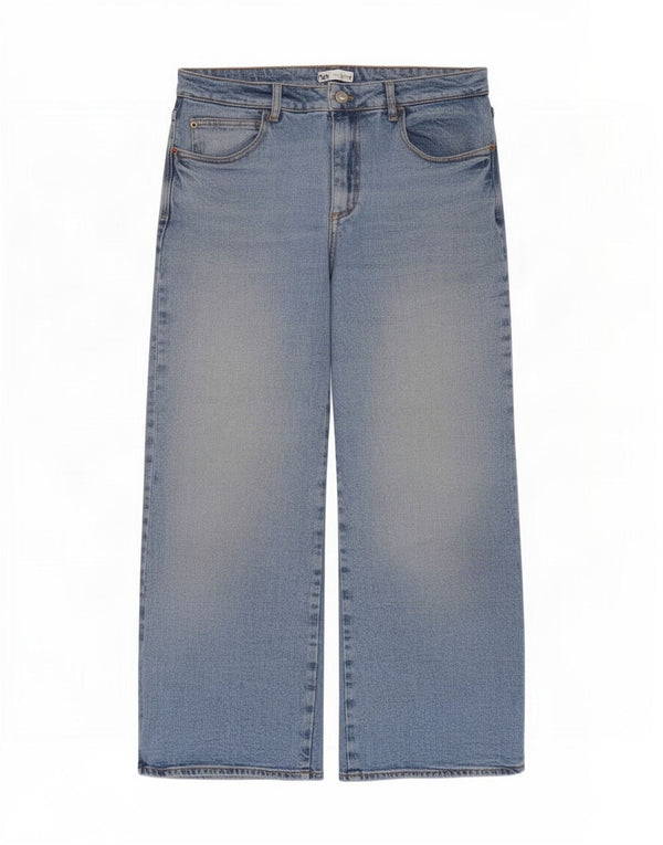Zara Damen Crop High Waist Wide Leg Jeans EU 42 Large W32 L25 Blaue Baumwolle