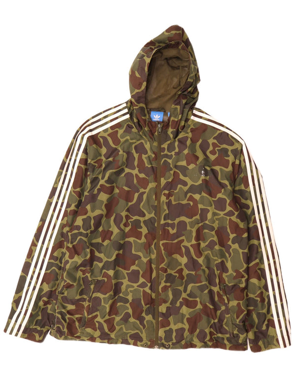 Adidas Mens Hooded Rain Jacket UK 44 2XL Khaki Camouflage Polyester