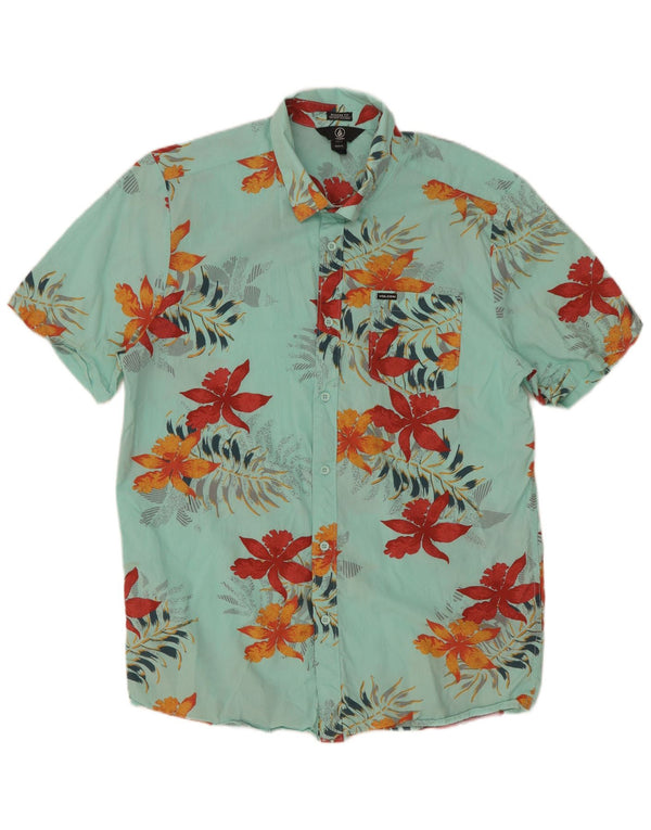 Volcom Herren-Kurzarmhemd XL, türkisfarbenes Blumenmuster aus hawaiianischer Baumwolle