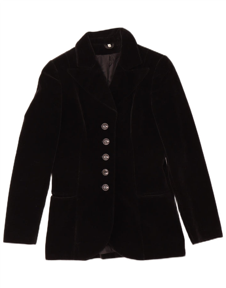 Vintage Damen 5-Knopf-Samt-Blazer-Jacke IT 42 Mittelschwarze Baumwolle