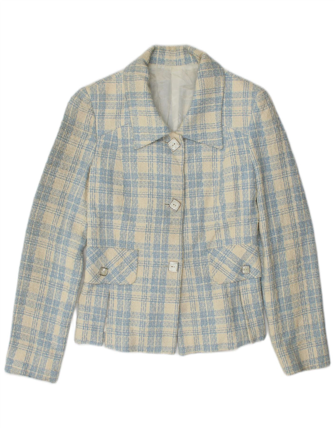 Vintage Damen 3-Knopf-Blazer-Jacke IT 42 mittelblau karierte Baumwolle