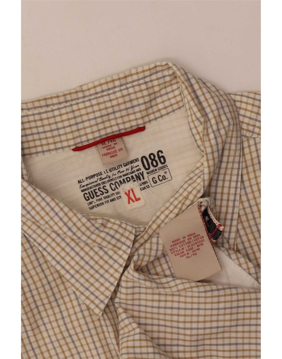 Guess Herren Kurzarmhemd XL Beige Gingham Baumwolle