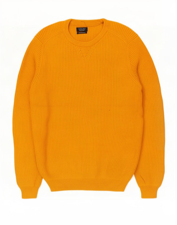 Zara Herren-Pullover mit Rundhalsausschnitt, XL, gelbe Baumwolle