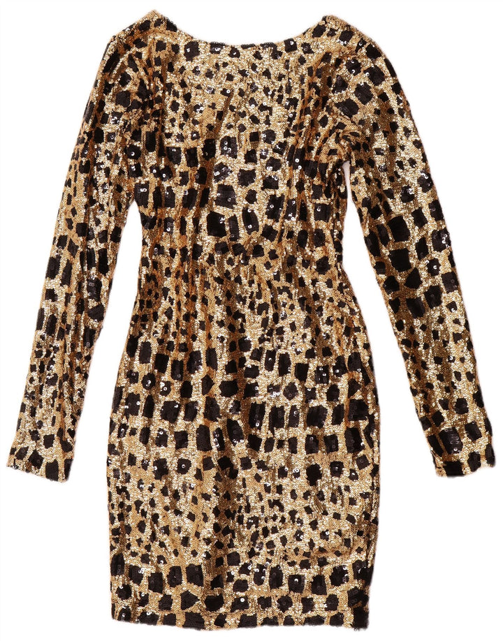 GUESS Damen Langarm-Pailletten-Bodycon-Kleid UK 6 XS Gold Geometrisch