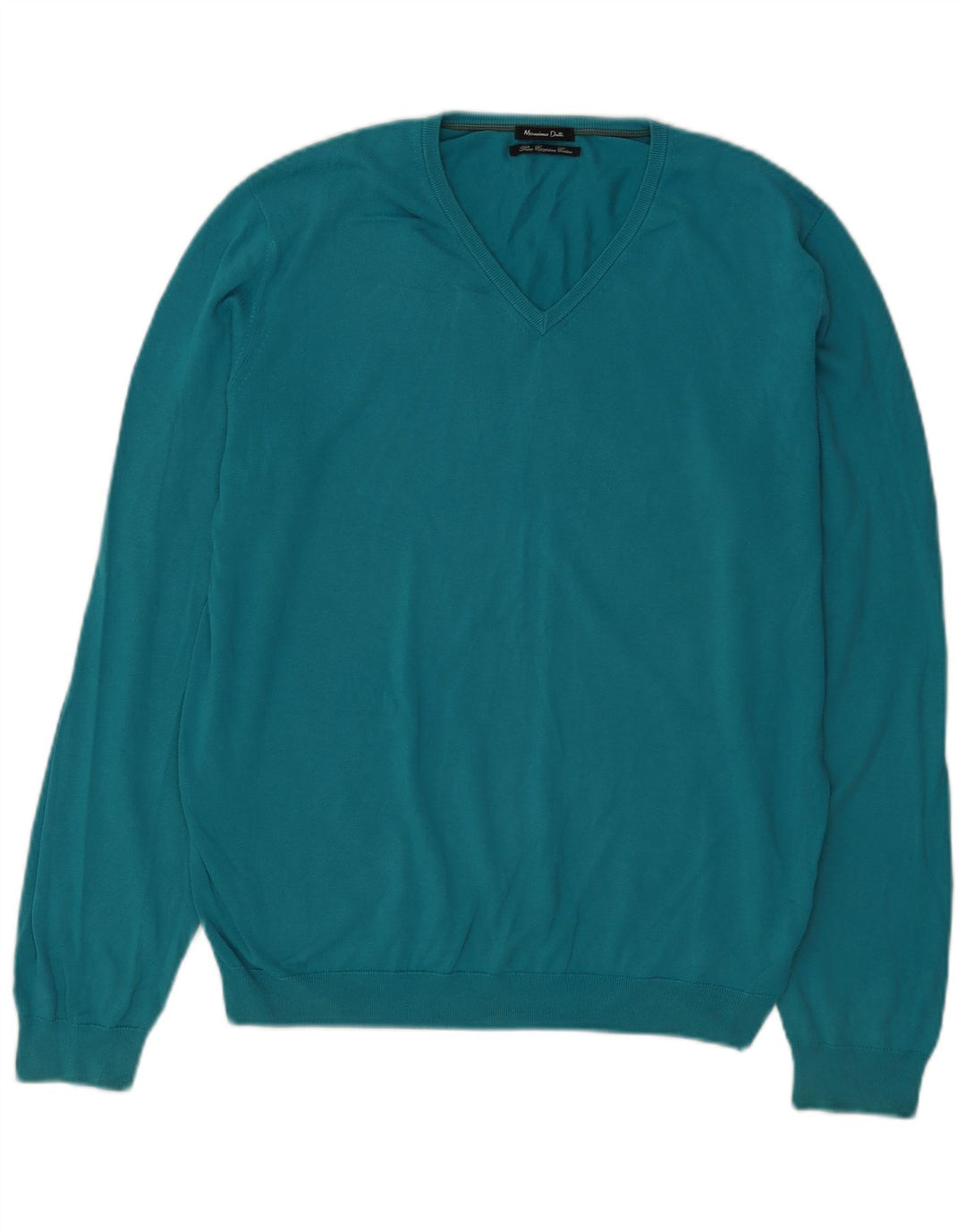Massimo Dutti Herren-Pullover mit V-Ausschnitt, groß, aus blauer Baumwolle