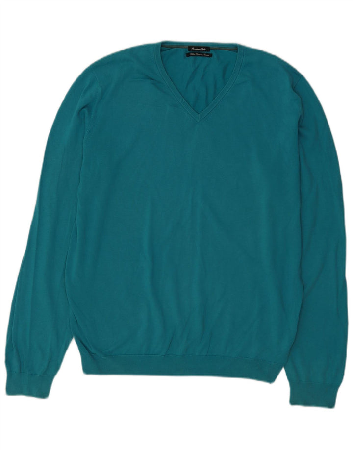 Massimo Dutti Herren-Pullover mit V-Ausschnitt, groß, aus blauer Baumwolle