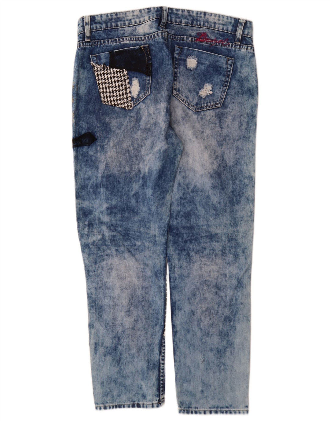 Desigual Damen Distressed Tapered Jeans W32 L28 Blaue Patchwork-Baumwolle