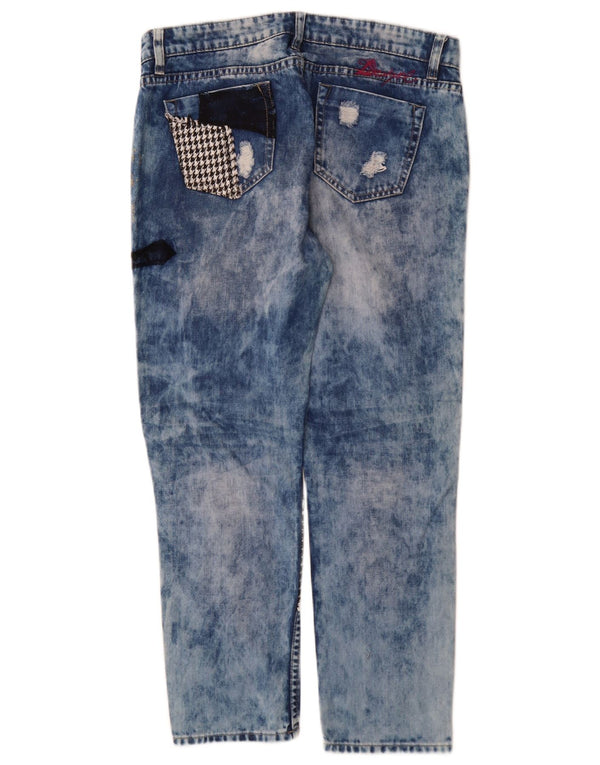 Desigual Damen Distressed Tapered Jeans W32 L28 Blaue Patchwork-Baumwolle