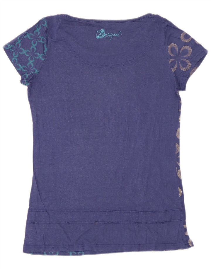 DESIGUAL Damen Grafik-T-Shirt-Oberteil UK 12 Medium Marineblau mit Blumenmuster