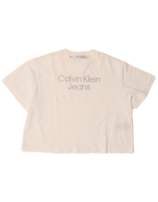 Calvin Klein Jeans Damen Crop Oversize Graphic T-Shirt Top UK 6 XS Weiß