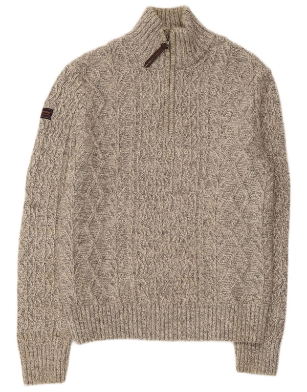 SUPERDRY Herren-Pullover mit Reißverschluss am Hals, große beige gesprenkelte Wolle