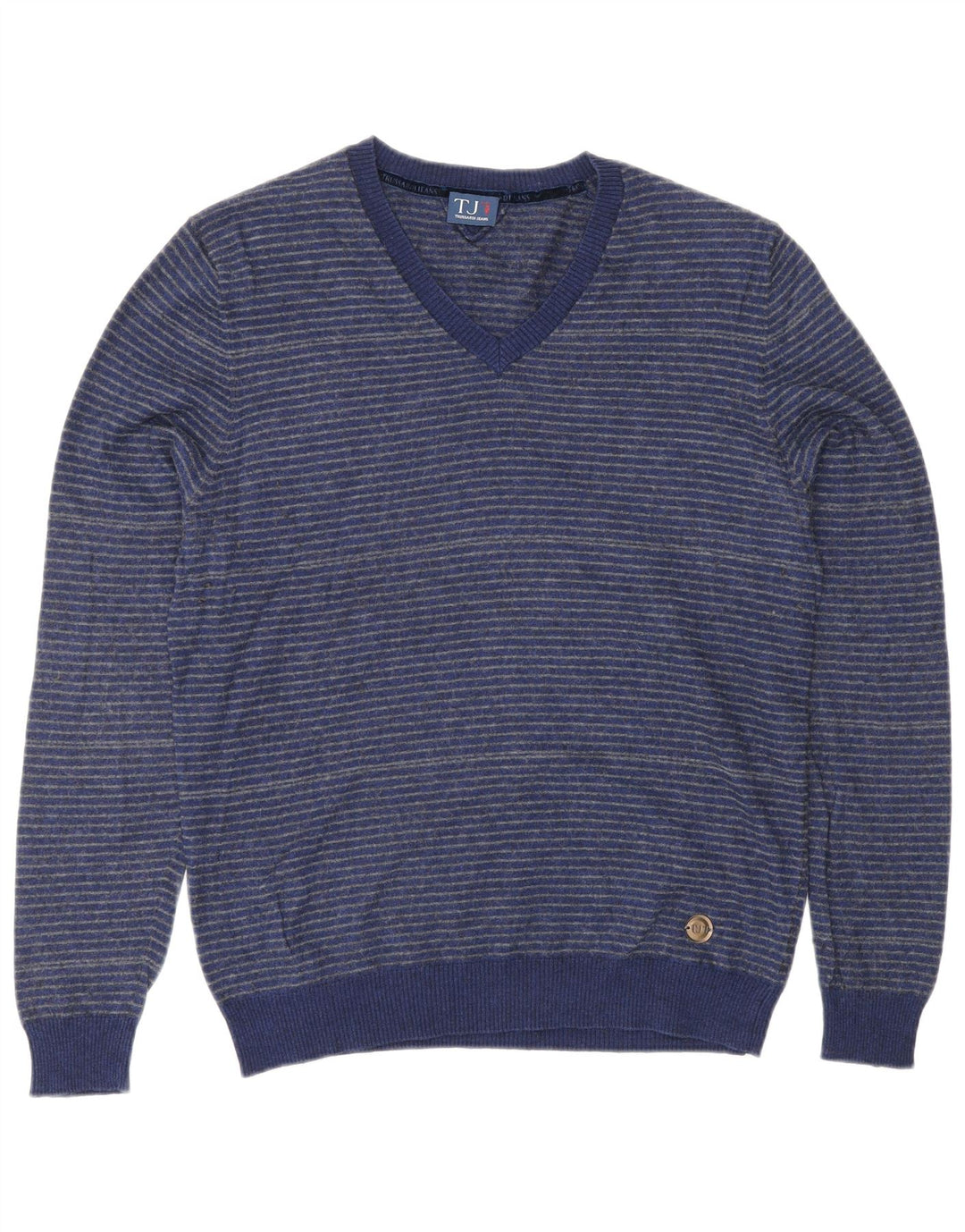 TRUSSARDI JEANS Herren-Pullover mit V-Ausschnitt, mittelblau, gestreift, Baumwolle