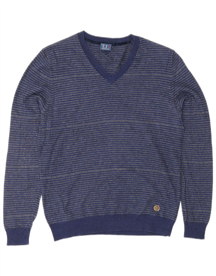 TRUSSARDI JEANS Herren-Pullover mit V-Ausschnitt, mittelblau, gestreift, Baumwolle