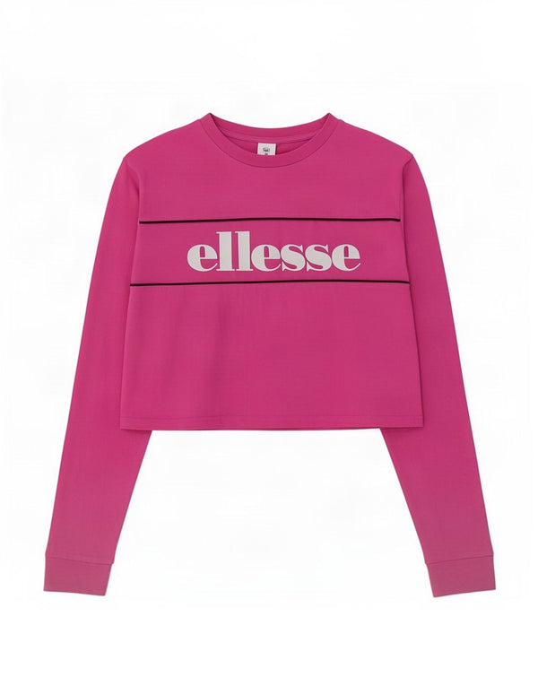 Ellesse Womens Crop Graphic Top Langarm UK 12 Mittelrosa Baumwolle