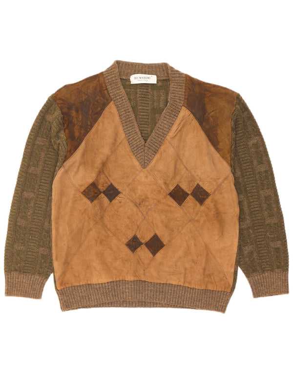 Dei Massimi Mens V-Neck Jumper Sweater IT 48 Medium Khaki Argyle/Diamond